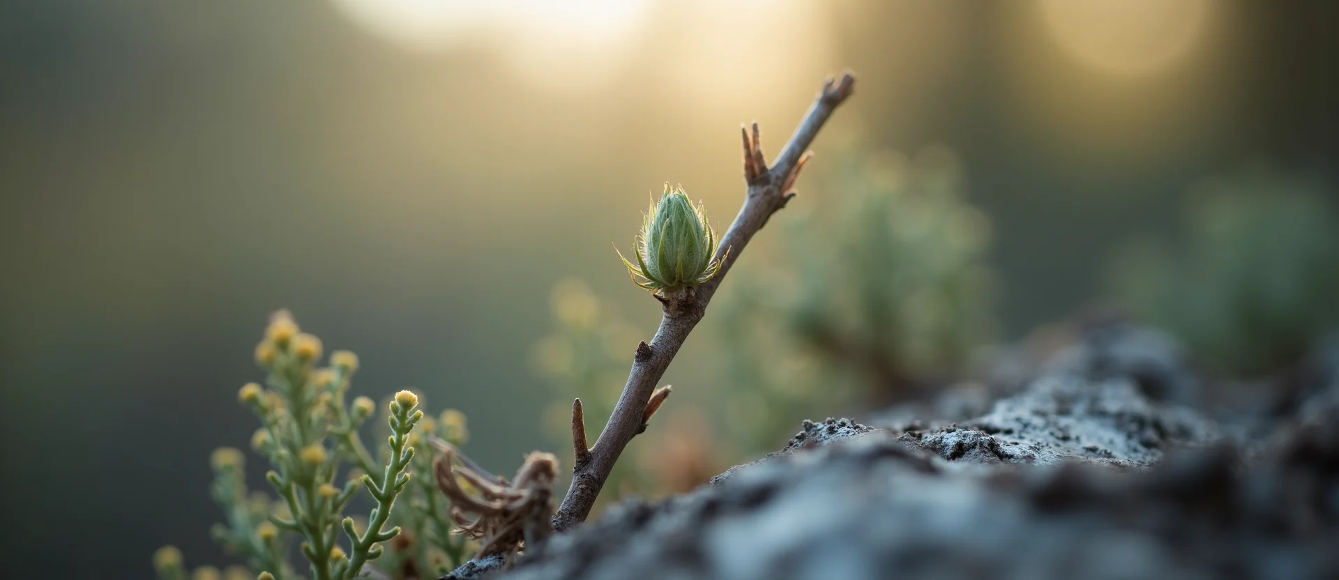 Symbolizing Seed/New Beginning: A local Mountain Mahogany new green bud on a branch. - AI Generated