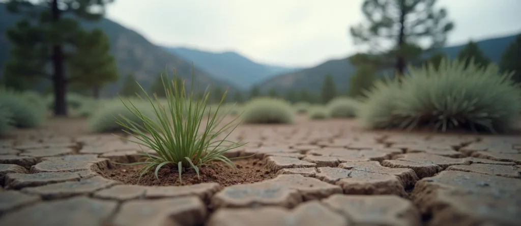 Symbolizing Seed/New Beginning: A local Ponderosa Pine shoot emerging from cracked soil. - AI Generated