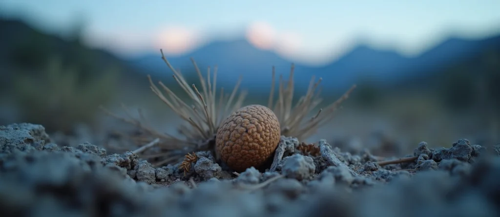Symbolizing Seed/New Beginning: A local Desert Peach single pine seed on dry earth. - AI Generated