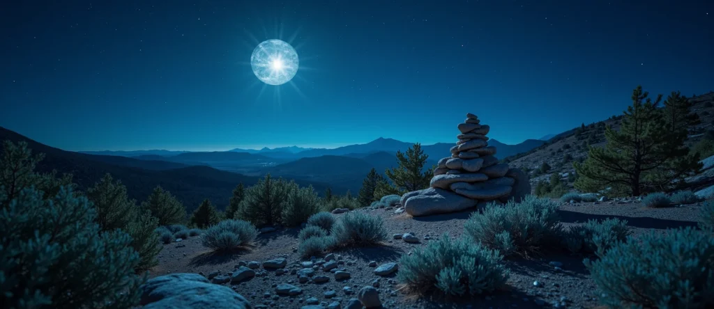 Symbolizing Stability/Peak: A local Sierra Juniper ancient rock cairn. - AI Generated