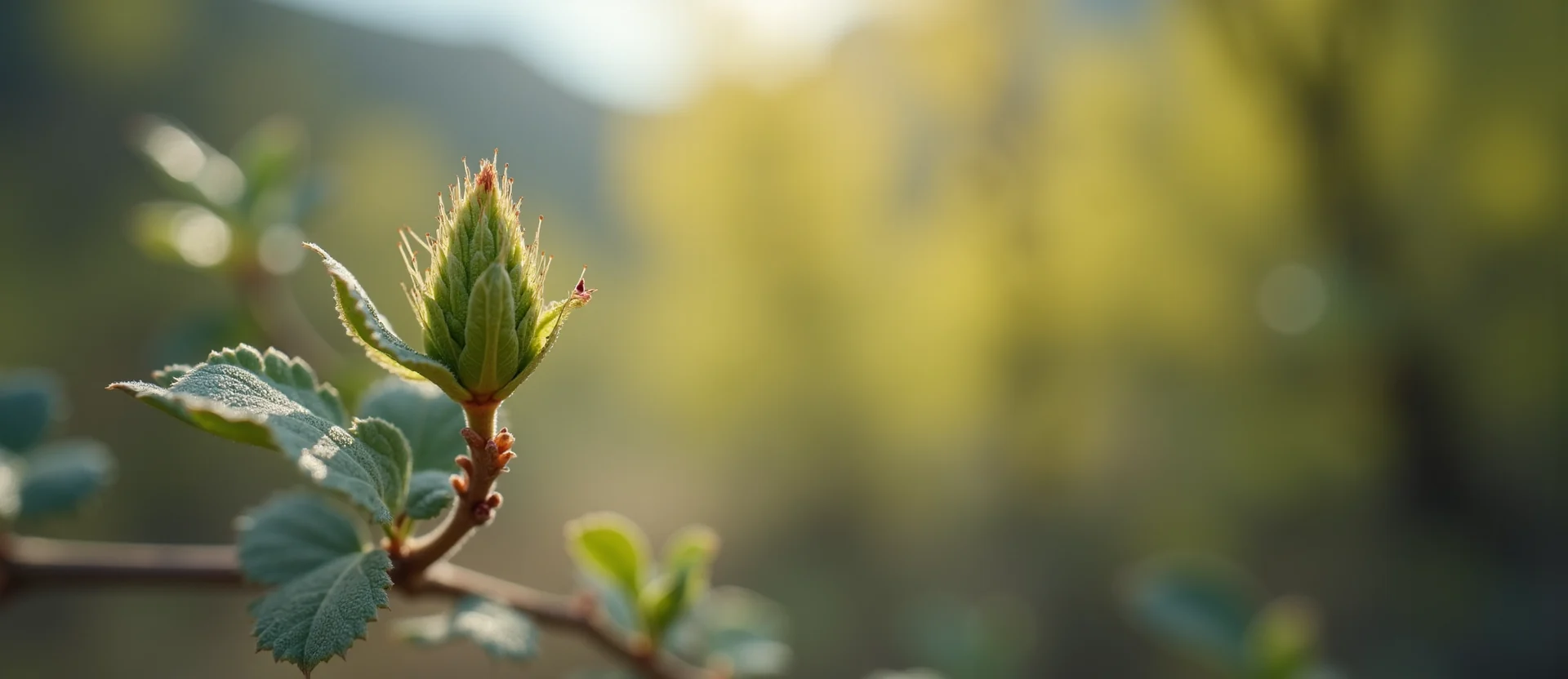 Symbolizing Seed/New Beginning: A local Manzanita new green bud on a branch. - AI Generated