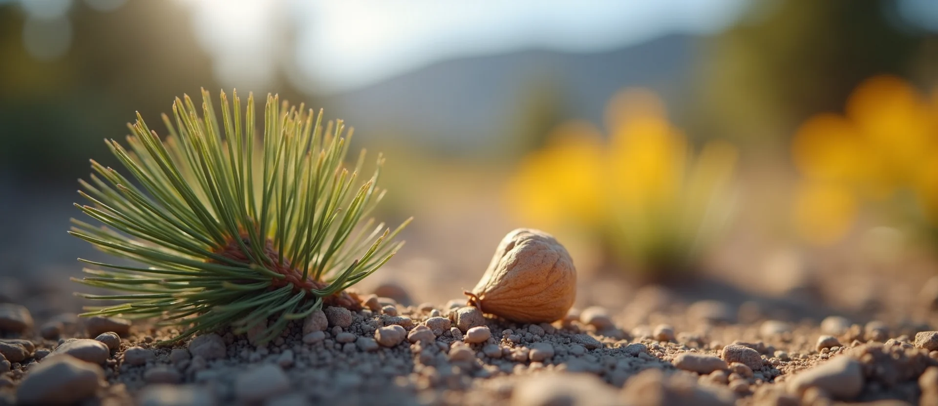 Symbolizing Seed/New Beginning: A local Indian Paintbrush single pine seed on dry earth. - AI Generated