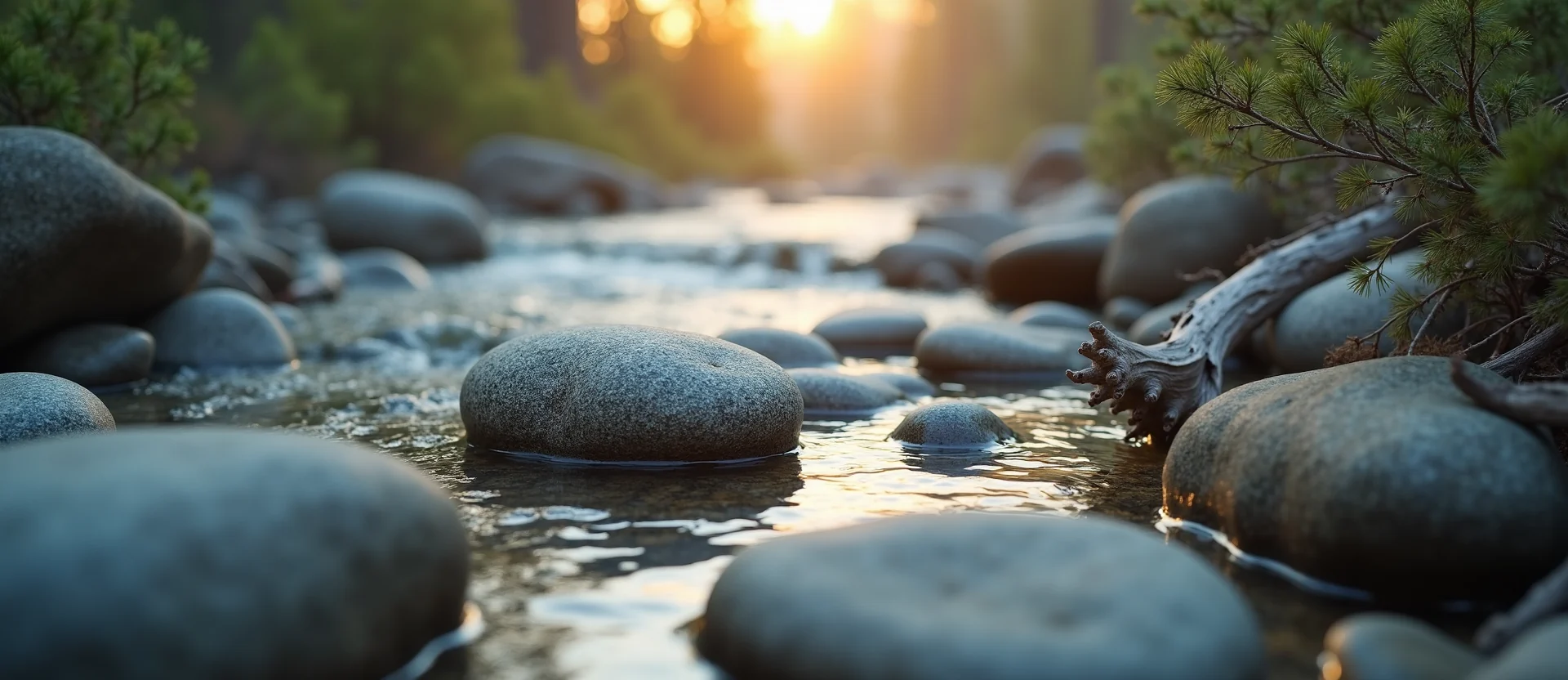 Symbolizing Flow/Cleansing: A local Sierra Juniper smooth Truckee river stones. - AI Generated