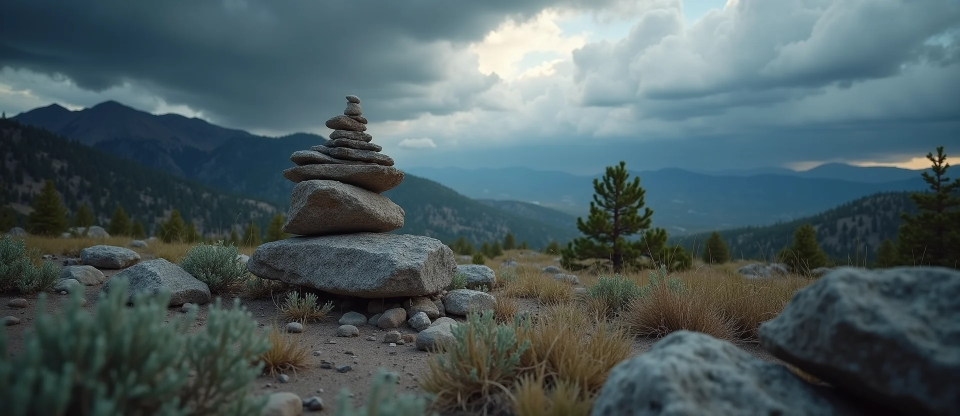 Symbolizing Stability/Peak: A local Sierra Juniper ancient rock cairn. - AI Generated