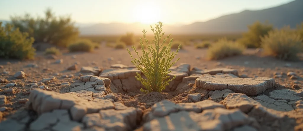 Symbolizing Seed/New Beginning: A local Sagebrush (Artemisia tridentata) shoot emerging from cracked soil. - AI Generated