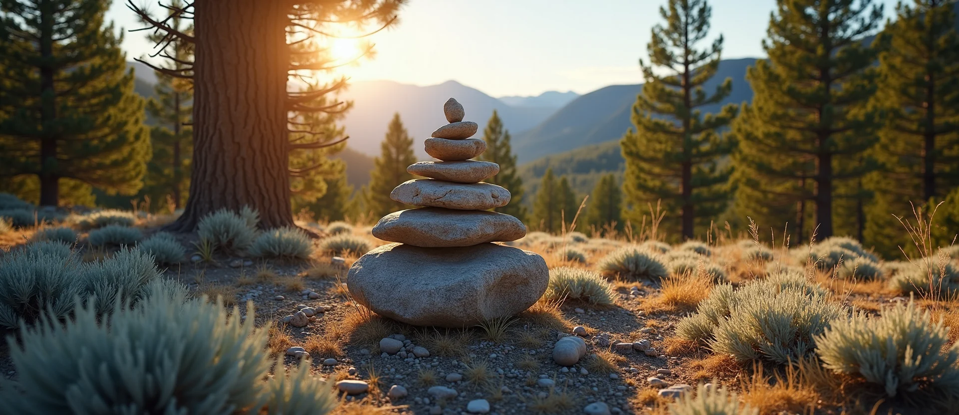 Symbolizing Stability/Peak: A local Ponderosa Pine ancient rock cairn. - AI Generated