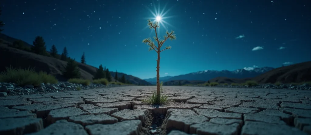 Symbolizing Seed/New Beginning: A local Quaking Aspen shoot emerging from cracked soil. - AI Generated
