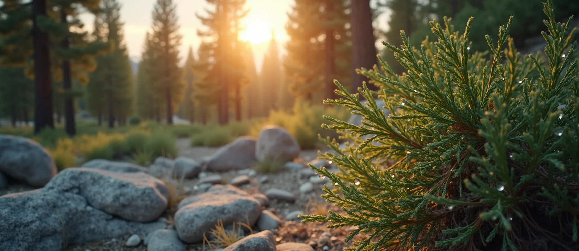 Symbolizing Flow/Cleansing: A local Sierra Juniper raindrops on desert leaves. - AI Generated