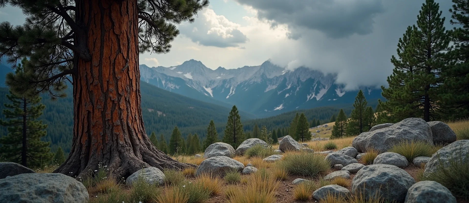 Symbolizing Growth/Resilience: A local Ponderosa Pine sturdy weathered tree trunk. - AI Generated