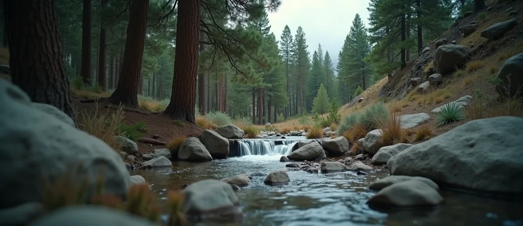 Symbolizing Flow/Cleansing: A local Ponderosa Pine hidden small waterfall. - AI Generated