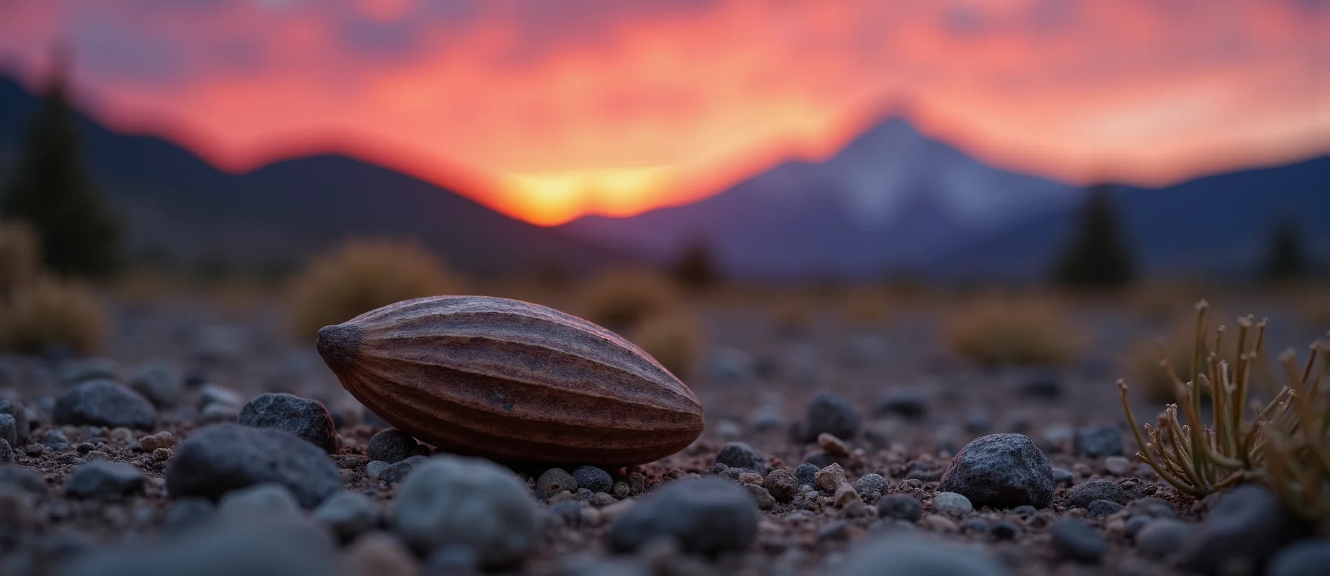 Symbolizing Seed/New Beginning: A local Desert Peach single pine seed on dry earth. - AI Generated