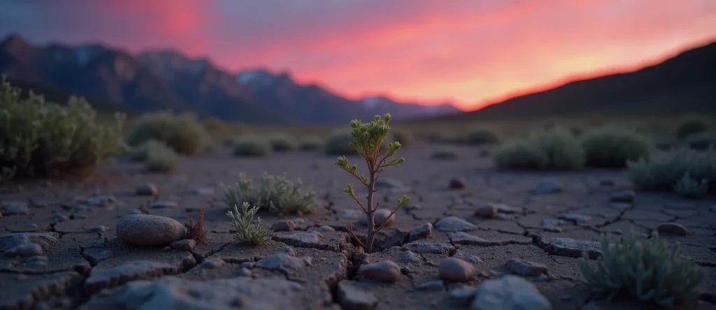 Symbolizing Seed/New Beginning: A local Mountain Mahogany shoot emerging from cracked soil. - AI Generated