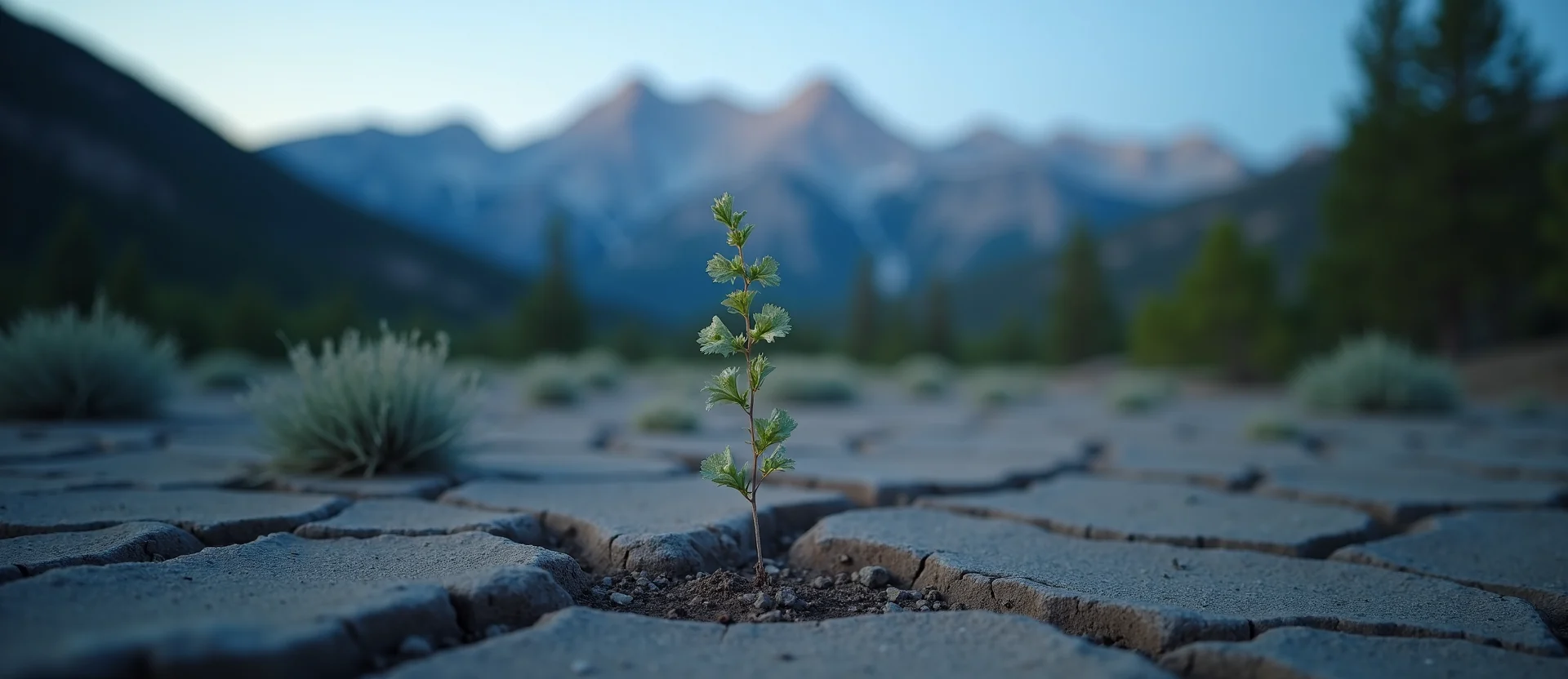 Symbolizing Seed/New Beginning: A local Sierra Juniper shoot emerging from cracked soil. - AI Generated